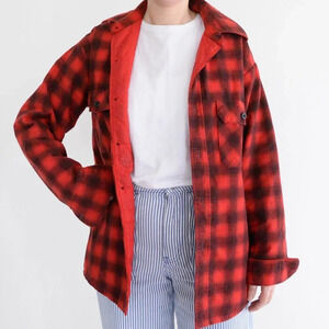 Vintage 70S Red & Black Buffalo Plaid Gorpcore Flannel Lined Button Up Shacket M